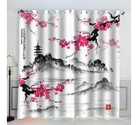 AKATIE Style Japonais Rideaux Thermique Isolant Anti Froid Polyester 2 Pièces 3D Impression Branche De Cerisier Motif Opaque Rideau Occultant Oeillet Chambre Salon Rideau （220x215 cm）