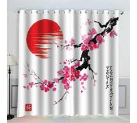 AKATIE Style Japonais Rideaux Thermique Isolant Anti Froid Polyester 2 Pièces 3D Impression Fleur De Cerisier Soleil Rouge Motif Opaque Rideau Occultant Oeillet Chambre Salon Rideau （220x215 cm）