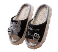 AKCHDZAW Chausson Femmes Lin Pantoufles Décontractées Femmes Maison Plate-Forme Mignon Dessin Animé Chat Chaussures De Créateur Filles Plat Mode Chaussures Élégantes Intérieur Grande Taille-C-41-42