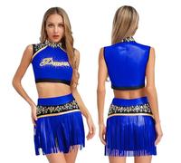 AKDJGFP Deguisement Pompom Girl Costume de pom-pom girl for femme, avec strass brillants, uniforme de carnaval, vêtements d'équipe sportive, débardeur et short à pompons(Blue,XL)