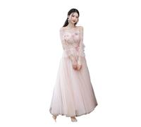 AKDJGFP Robe Cocktail Femme Mariage Robe De Demoiselle d'honneur Rose, 4 Styles, Élégante, en Tulle Fin, Épaules Dénudées, avec des Appliques De Fleurs(Pink Long C,12)