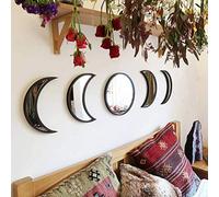 Akemaio 5 pcs Naturel Décor Acrylique Moonphase Miroirs Intérieur de Maison en Bois Design Moon Phase Miroir Bohème décoration Murale