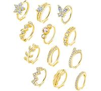Akeoqi Lot de 12 anneaux de nez pour cartilage, boucles d'oreilles mignonnes en forme de feuille, d'étoile, de papillon pavé de zirconium, bijoux de nez pour homme et femme, ton argenté et doré, 20 g