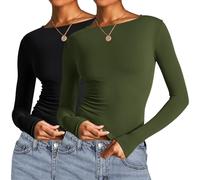 AKEWEI Lot de 2 t-shirts courts à manches longues pour femme, automne et sortie, jolis t-shirts basiques ajustés, One Black and One Army Green, S
