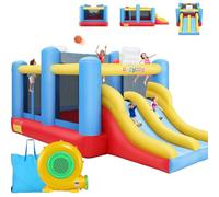 AKEYDIY Château Gonflable avec Ventilateur, Double Toboggan, Mur d'escalade, Panier de Basket, Filet de Ballon, Grand Trampoline, Convient pour l'intérieur et l'extérieur, Tissu Oxford 840 + 420D