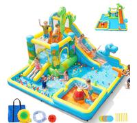 AKEYDIY Grande toboggan à eau pour enfants de 3 à 12 ans, maison rebondissante gonflable sur le thème des dinosaures, souffleur de 550 W, toboggans longs et courts, piscine pour enfants, toboggans