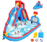 AKEYDIY Toboggan gonflable pour enfants avec souffleur, château de toboggan gonflable avec mur d'escalade, long toboggan, piscine, pistolet à eau et panier de basket-ball
