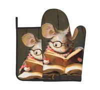 AKGFFDS Ensemble de 2 gants de cuisine résistants à la chaleur et coussinets isolants Motif petite souris lisant un livre