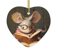 AKGFFDS Pendentif en céramique avec inscription « Little Mouse reading a book » - Avec cordon métallique doré pour l'accrocher facilement