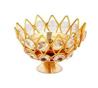 Akhand Lampe à huile en laiton fabriquée à la main avec des accents de cristal étincelants pour la maison, le bureau, la décoration de Puja, Diwali (petite fleur ronde)