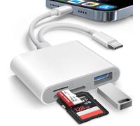 AkHolz Lecteur de carte SD pour iPhone et iPad avec double cordon intégré (éclaircissement, USB-C) lecteur de cartes avec SD MicroSD USB-A 3 emplacements pour caméra de piste Lecteur de carte mémoire