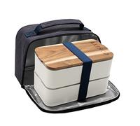 akinod - Boîte Bento + Lunch Bag Isotherme 11H58 - Bento Étanche, Double Compartiment, Blanc - Sac à Poignée Renforcée, Bleu Chiné - Compatible Lave-Vaisselle, Congélateur, Micro-Ondes - 1,4 L