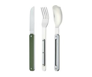 Akinod - Couverts 12:34 - Fourchette + Couteau + Cuillère - Assemblage Aimanté - Couverts en Acier Inoxydable Nomades, Compacts, Durables et Élégants - Aluminium kaki