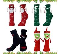 AKINSTER Lot de 4 paires de chaussettes de Noël magnétiques 3D intéressantes avec bras magnétiques - Cadeau pour couples, famille, femmes et hommes