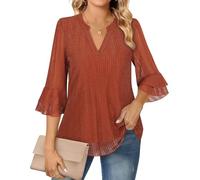 Akiooue Chemisier à manches cloches 3/4 pour femme - Décontracté - Col en V - Double couche - En mousseline de soie - Tailles S à 3XL, caramel, L