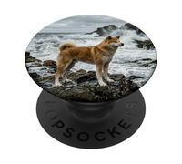 Akita Inu Côtière Falaises Océan Vagues Scène PopSockets PopGrip Adhésif
