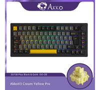Akko 5075B Plus clavier noir et or ISO-DE clavier de jeu mécanique RVB échangeable à chaud 2.4GHz sans fil/USB Type-C/Bluetooth 5.0 - Type V3 Crème Jaune Pro