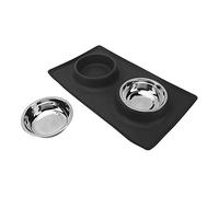 AKLOSIPY Ensemble de Gamelles pour Animaux de Compagnie avec Tapis Antidérapant en Silicone et Deux Gamelles en Acier Inoxydable pour Chiens et Chats - Pliable et Facile à Nettoyer (Black)