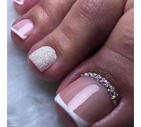 AKOFIC 24 Pièces Faux Ongles Pieds Court, French Press on Toenails Faux Ongle de Pied à Coller, Couverture Complète Ongles de Pied Artificiels pour Salons de Manucure et DIY Nail Art