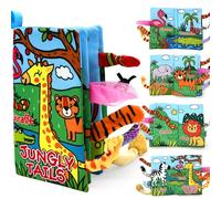 AKOFIC Livre Tissu Bébé Eveil, Livre Sensoriel Bebe 0-12 Mois, Jouet a Suspendre Livre Doux Froissé avec 3D Animaux Queues, Jouet Montessori Educatif Livre Interactif Cadeau Naissance (Jungle Tail)