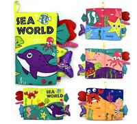 AKOFIC Livre Tissu Bébé Eveil, Livre Sensoriel Bebe 0-12 Mois, Jouet a Suspendre Livre Doux Froissé avec 3D Animaux Queues, Jouet Montessori Educatif Livre Interactif Cadeau Naissance (Sea World)