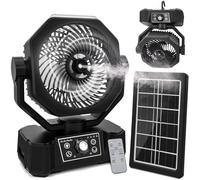 AKOFIC Ventilateur Camping Solaire avec Télécommande et Lumière LED, Ventilateur Brumisateur 12000 mAh USB Rechargeable, Ventilateurs de Bureau/Tente Puissant et Silencieux pour Extérieur Intérieur