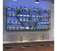 AKOGG Porte Bouteille Mural avec Lumière LED,Étagère À Vin Murale avec Support pour Verre À Vin,Casier À Bouteilles,Range Bouteille pour Salle À Manger,Bar,Cave À Vin(4-Layer Black,240 * 20 * 123cm)