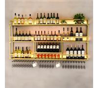 AKOGG Porte Bouteille Mural avec Porte-Verres À Vin,Étagère À Vin Murale,Casier À Vin en Fer,Étagère De Rangement,Range Bouteille,Porte-Bouteilles Mural pour Cave À Vin,Bar,Cuisine(Gold,140cm/55in)