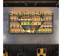 AKOGG Porte Bouteille Mural en Fer avec Porte-Verre À Vin,Range Bouteille avec Lumière LED,Étagère A Vin Murale,Casier À Vin Métal,Rangement Bouteille De Vin pour Cuisine Bar(4-Layer Black,300cm)