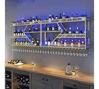 AKOGG Porte Bouteille Mural en Fer avec Porte-Verre À Vin,Range Bouteille avec Lumière LED,Étagère A Vin Murale,Casier À Vin Métal,Rangement Bouteille De Vin pour Cuisine Bar(3-Layer Gold,240cm)
