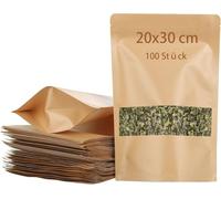 AKOLAFE 100 Pièces Sachet Kraft Alimentaire 20x30x5 cm Sachet Craft, Sachet Kraft Zip Kraft avec Fenetre Réutilisables Sachet Craft Pour grains de café, feuilles de thé, épices