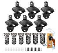 AKOLAFE 6 Pièces Décapsuleur Mural Bière avec 6 Paniers de Récupération, Ouvre-Bouteilles Noirs Vintage 7,8 x 6,4 cm, avec Vis et Chevilles pour Bar, Cuisine et Espace de Réception