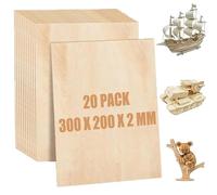 AKOLAFE Lot de 20 Contreplaqué 2mm Panneau de Contreplaqué 300 x 200 x 2mm Panneau Bois A4 Planche de Bois Contreplaqué Naturel pour Pyrogravure Bricolage Artisanate en Bois Modèles et Peintures