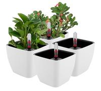AKOLAFE Lot de 4 pots à herbes aromatiques, à arrosage, auto-arrosage, avec indicateur de niveau d'eau, en plastique, blanc, petits, pour plantes d'intérieur, 13 x 10 x 11 cm, 13 x 10 x 11 cm