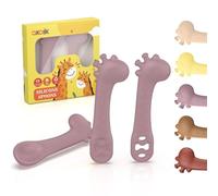 Akolik Cuillère Silicone Souple d'Apprentissage Bébé - Couverts Design Girafe avec Anneau de Dentition 2 en 1, Sevrage dès 4 6+ Mois
