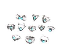 AkoMatial Lot de 11 bagues empilables en alliage - Style vintage bohème - Imitation turquoise - Bijoux cadeau pour femme, Métal, Alliage.