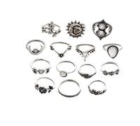 AkoMatial Lot de 14 bagues empilables vintage en alliage - En forme de tournesol et de lune - Pour femme - Argent antique