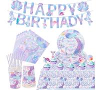 AKONE Set de vaisselle de fête sirène 62 pièces, décoration d'anniversaire sirène pour enfants, vaisselle de fête pour enfants, assiettes à pompons, tasses, serviettes, nappes et bannière