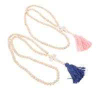 AKOOSY 2 Pièces Colliers Boho Perles de Bois Naturel avec Pendentifs Croix et Pompon Colliers Longs pour Femmes Style Bohème Ethnique Accessoires Faits Main pour Pulls et Tenues