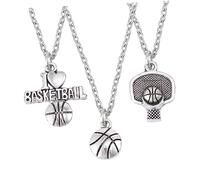 AKOOSY 3 pièces Collier Basket Ball Argenté Pendentifs Basketball Panier et Aime Basketball pour Couple Homme Femme Sportif Valentine Anniversaire
