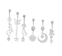 AKOOSY 6 pièces Anneaux de Nombril Femme Acier Inoxydable avec Zircon Bijoux Percing Nombril Élégants et Confortables Décoratif et Hypoallergénique
