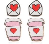 AKOOSY Boucles D’Oreilles Cœur en Bois Rose et Rouge 2 Paires Saint-Valentin Boucles D’Oreilles D’Amour pour Femmes et Filles Accessoires Bijoux Romantiques pour Présent Couples