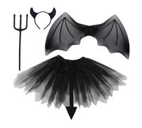 AKOOSY Costume Diable Garçon Fille Noir avec Jupe Tutu Bandeau Cornes et Ailes Simili Déguisement Halloween et Cosplay pour Fêtes et Spectacles