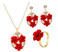 AKOOSY Ensemble de Bijoux Rouge en Alliage Collier, Boucles D'oreilles et Bague Forme Rose, Parure Mariage et Saint-valentin pour Femmes, Présent Anniversaire et Soirée Élégante