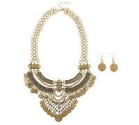 AKOOSY Ensemble de Colliers Bohème pour Femme Collier Plastron Court en Métal Doré avec Pièces Vintage Chaîne Épaisse Boucles D’Oreilles Assorties Style Ethnique pour Festivals et