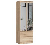 AKORD Armoire 2 Portes | Armoir Chambre | 2 Tiroirs 2 Etagères et Une Tringle et Miroir | L60 x H180 x P51 cm | Panneau Stratifié 16mm | Armoire sans Penderie Chambre Rangement