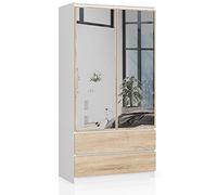 AKORD Armoire 2 Portes | Armoir Chambre | 2 Tiroirs 2 Etagères et Une Tringle et Miroir | L90 x H180 x P51 cm | Panneau Stratifié 16mm | Armoire sans Penderie Chambre Rangement