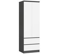 AKORD Armoire 2 Portes | Armoir Chambre 2 Tiroirs 2 Etagères et Une Tringle | L60 x H180 x P51 cm| Armoire sans Penderie Chambre | Dressing Rangement PlacardGris Graphite & Façade Blanc
