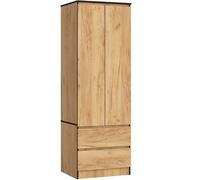 AKORD Armoire 2 Portes | Armoir Chambre 2 Tiroirs 2 Etagères et Une Tringle | L60 x H180 x P51 cm | Panneau Stratifié 16mm | Armoire sans Penderie Chambre | Dressing Rangement PlacardChêne Artisan