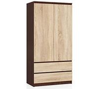 AKORD Armoire 2 Portes | Armoir Chambre 2 Tiroirs avec Etagères et Une Tringle | L90 x H180 x P51 cm | Panneau Stratifié 16mm | Armoire sans Penderie Chambre | Dressing Rangement Placard
